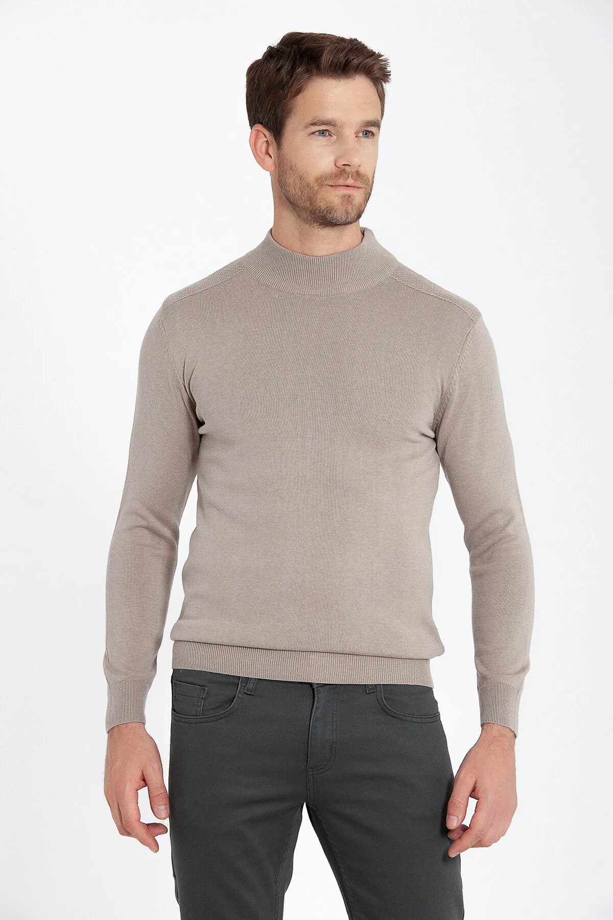 Regular Fit Patterned Cotton Blend Gray Mock Neck Sweater, Grej