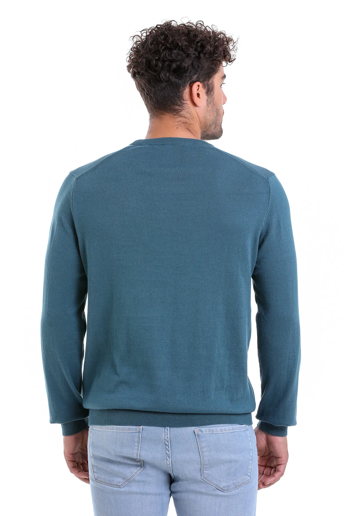 Regular Fit Plain Cotton Beige Crewneck Sweater, Enamel Blue