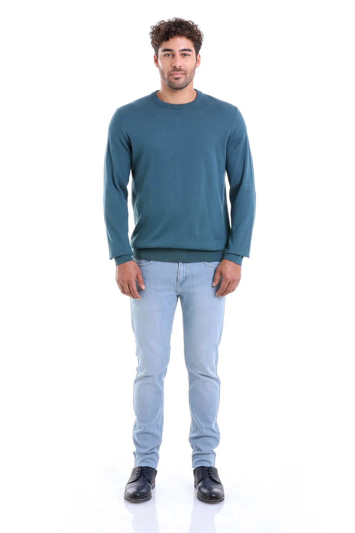 Regular Fit Plain Cotton Beige Crewneck Sweater, Enamel Blue