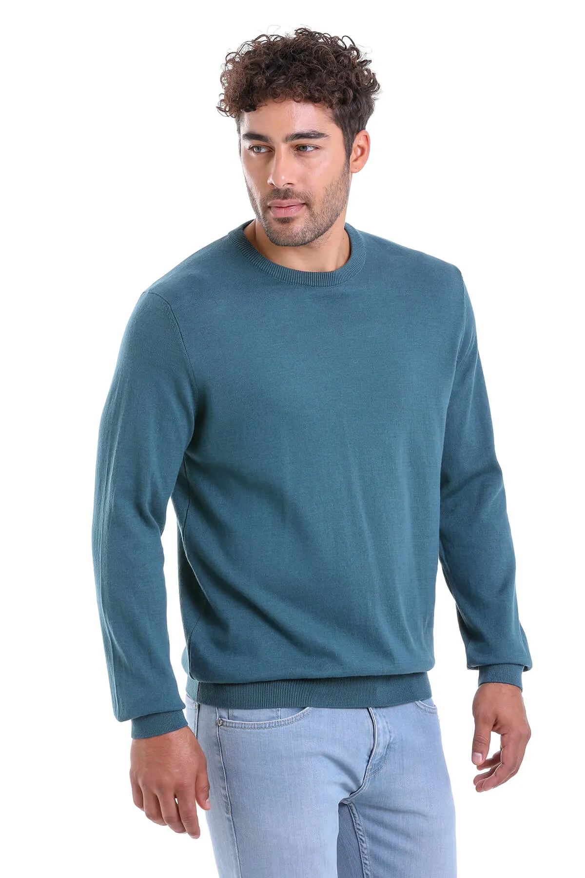 Regular Fit Plain Cotton Beige Crewneck Sweater, Enamel Blue