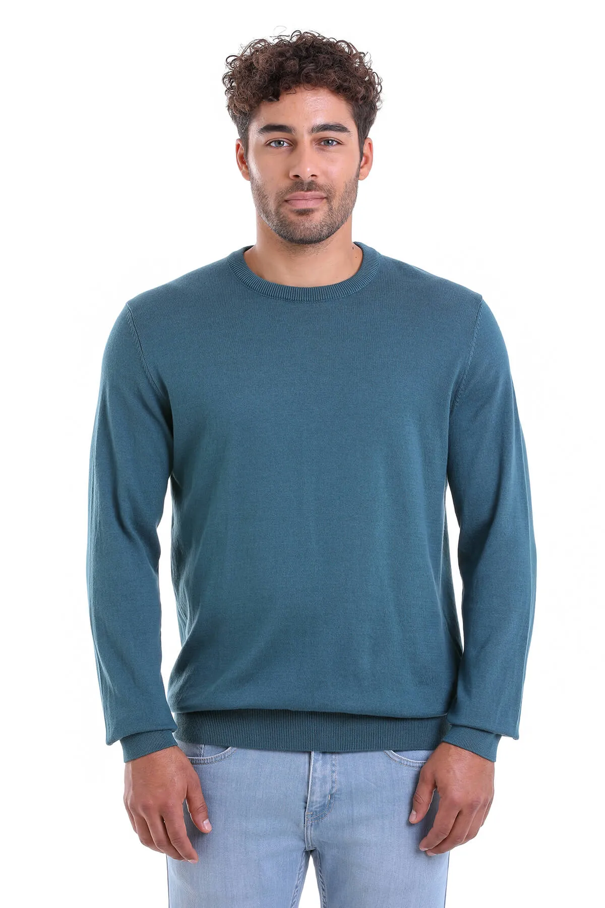 Regular Fit Plain Cotton Beige Crewneck Sweater, Enamel Blue