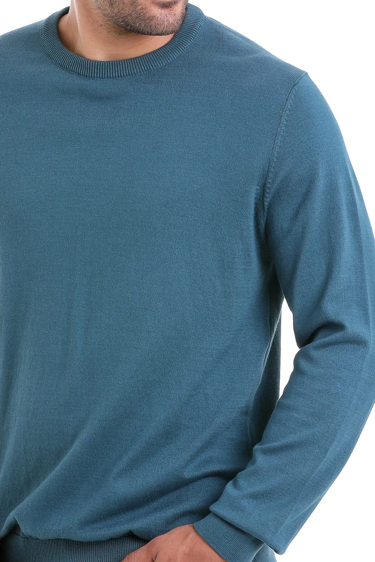 Regular Fit Plain Cotton Beige Crewneck Sweater, Enamel Blue