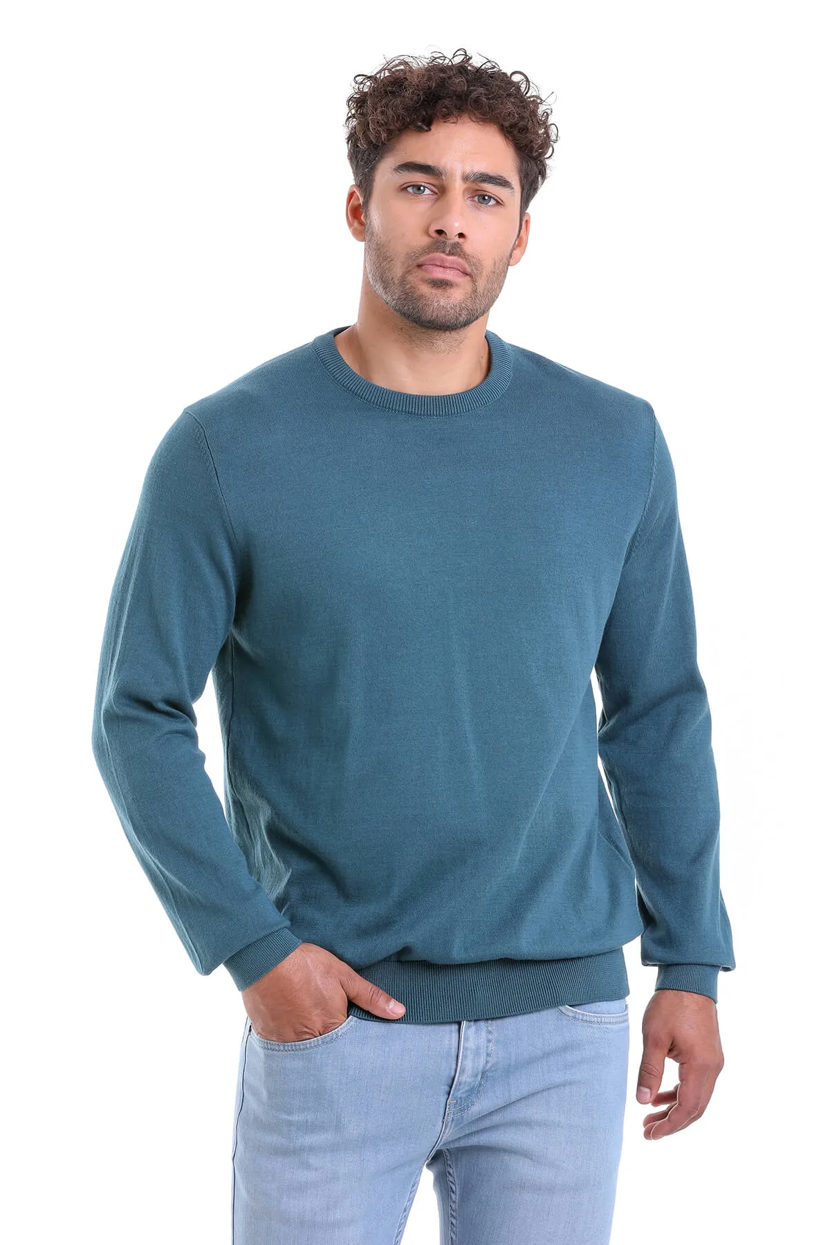 Regular Fit Plain Cotton Beige Crewneck Sweater, Enamel Blue