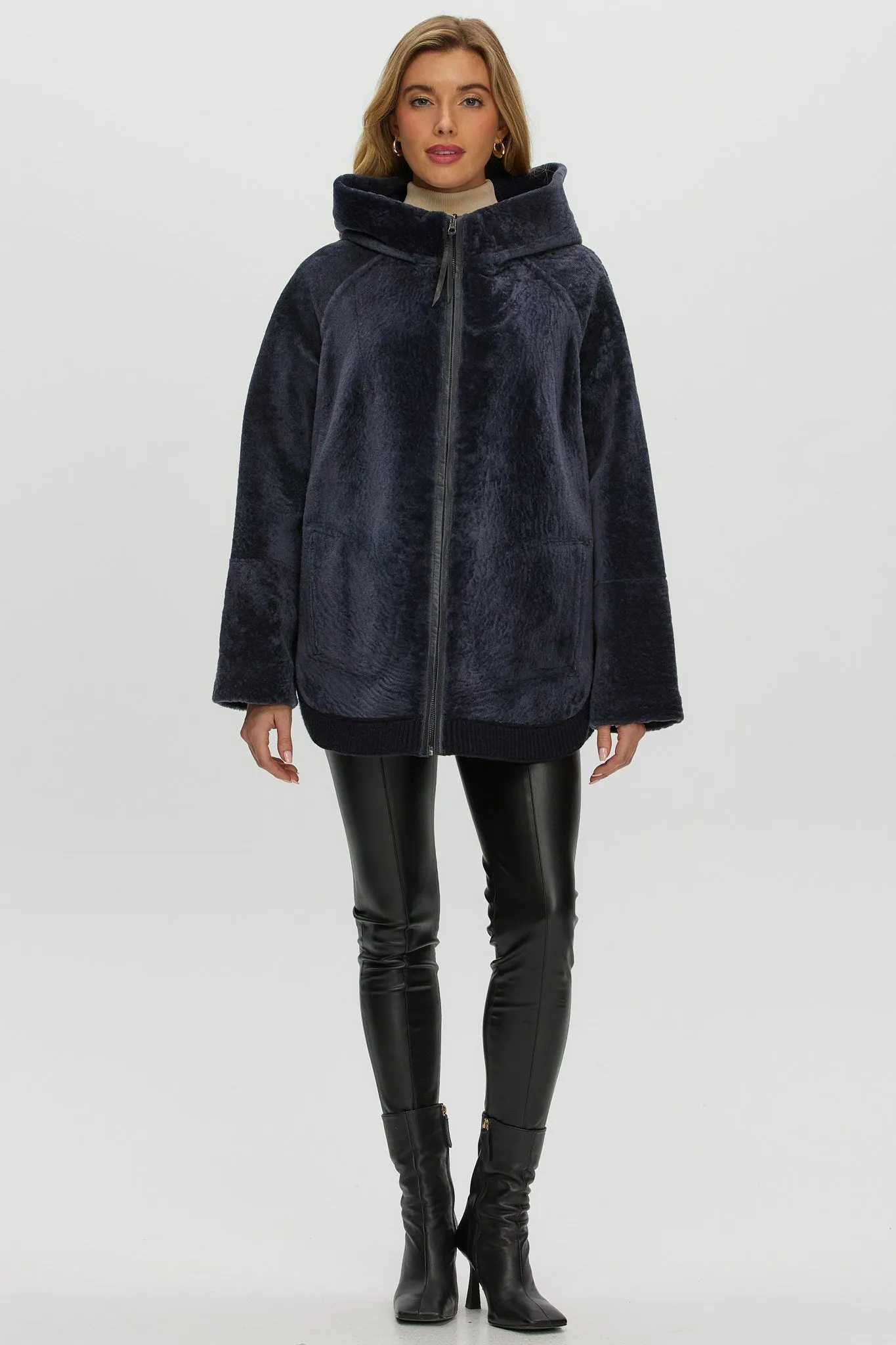 Reversible Textured Shearling Lamb Zip Parka with Ribbed Hem