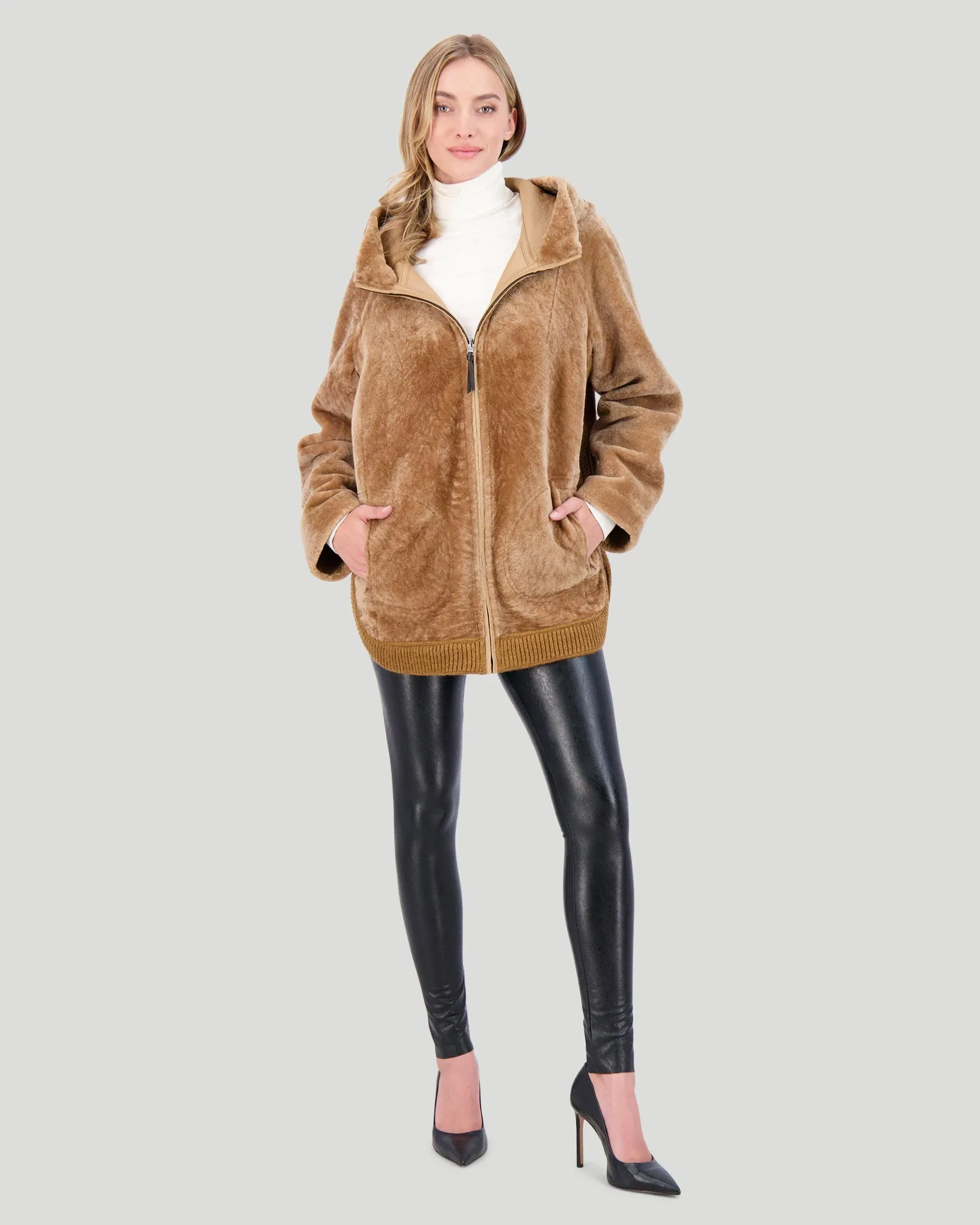 Reversible Textured Shearling Lamb Zip Parka with Ribbed Hem