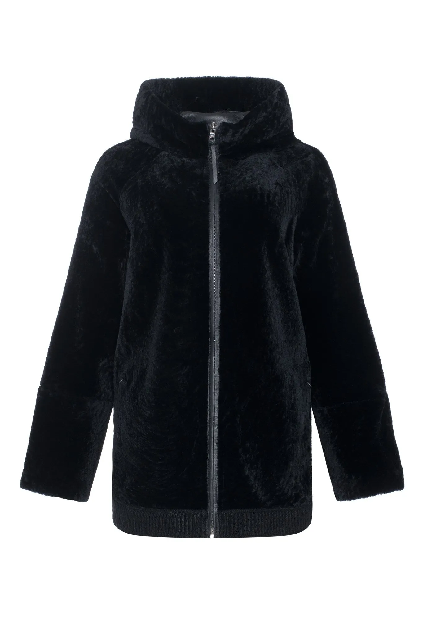 Reversible Textured Shearling Lamb Zip Parka with Ribbed Hem