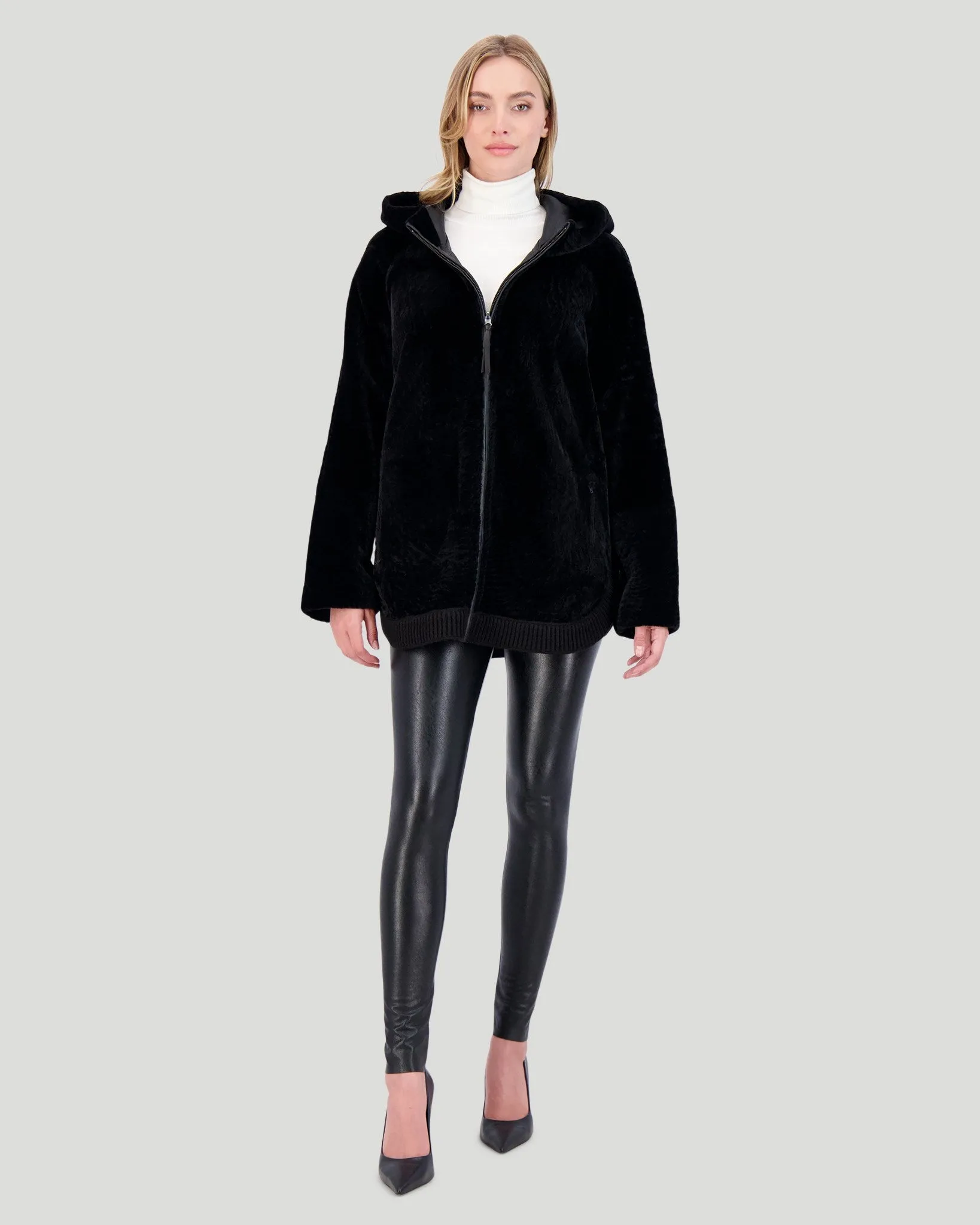 Reversible Textured Shearling Lamb Zip Parka with Ribbed Hem