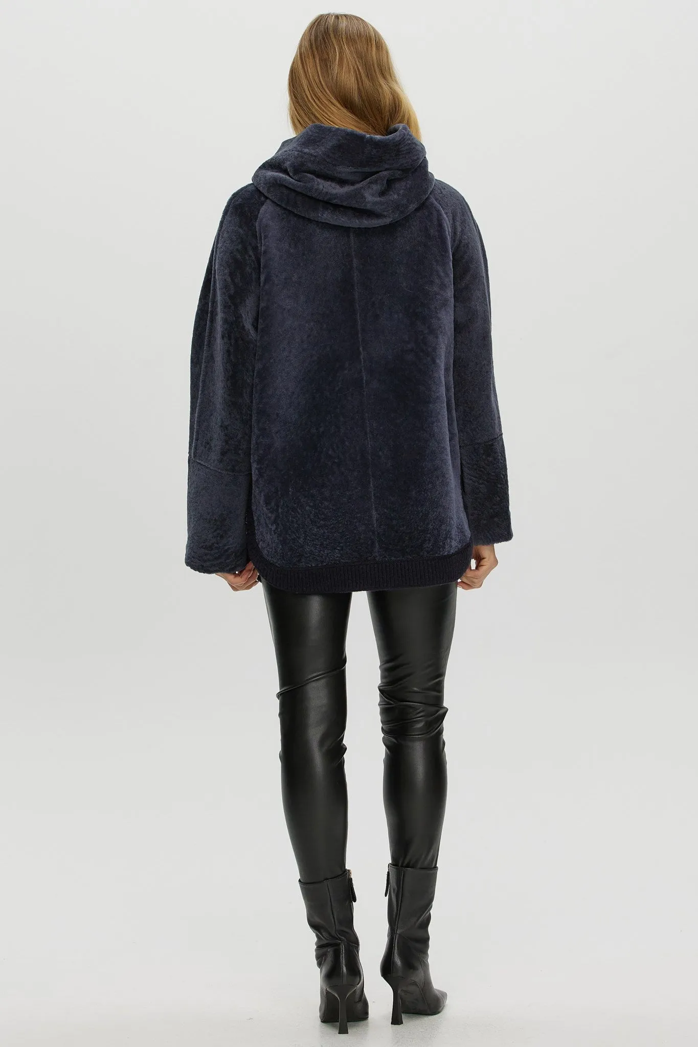 Reversible Textured Shearling Lamb Zip Parka with Ribbed Hem