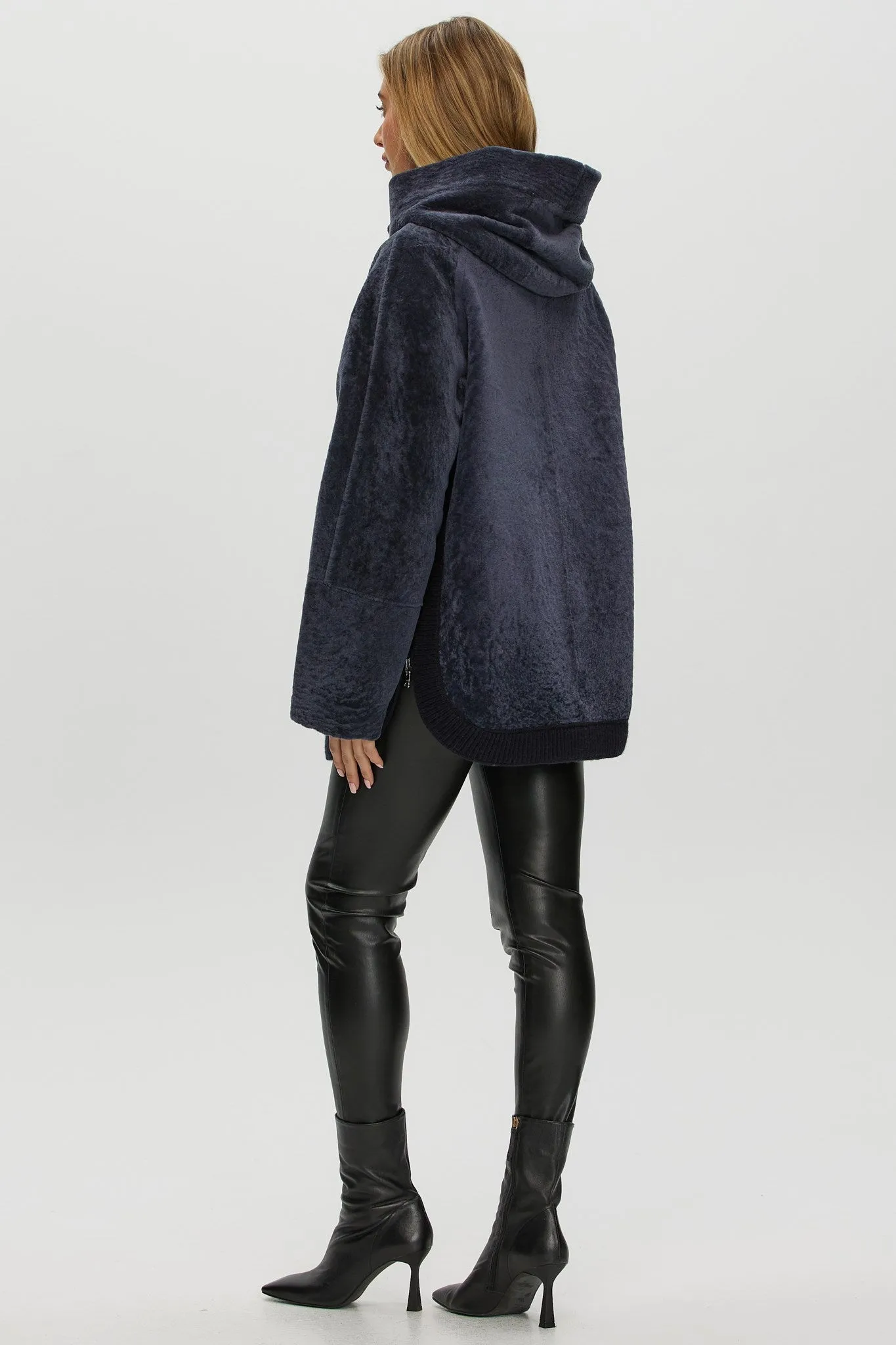 Reversible Textured Shearling Lamb Zip Parka with Ribbed Hem