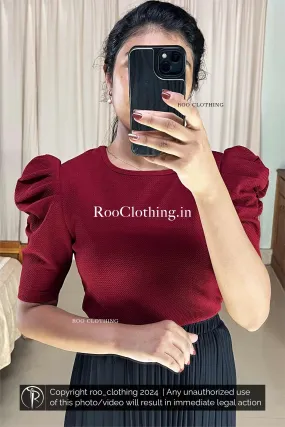 Round Neck Puff Sleeves Top in Maroon Shade (Top Only)