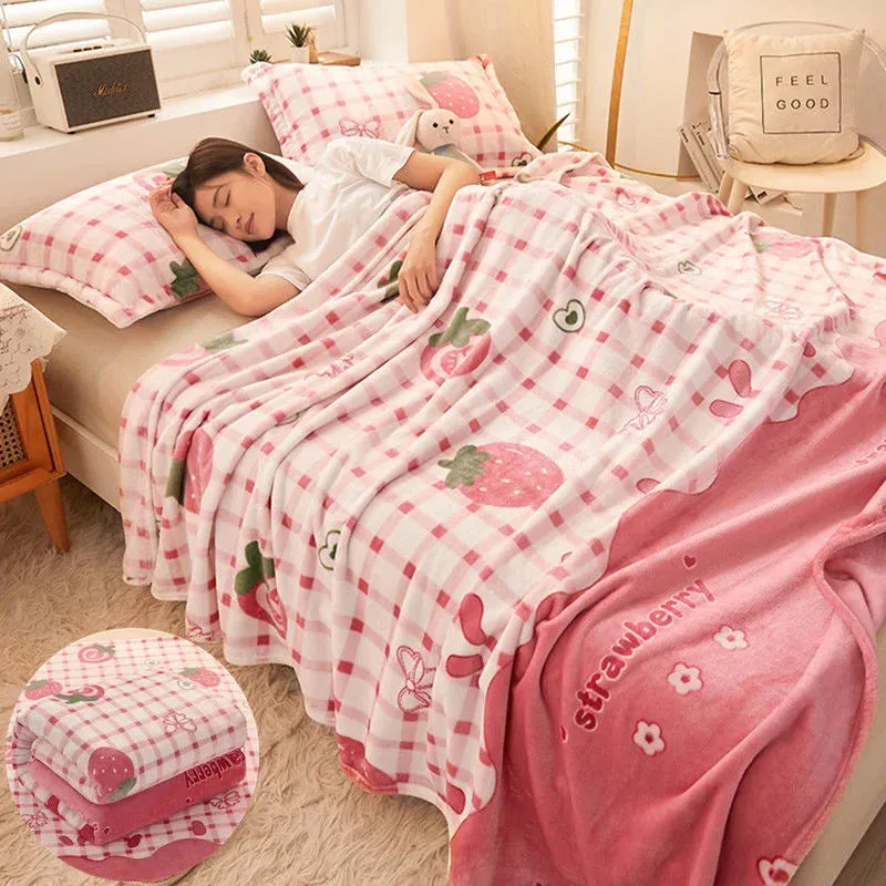 SINOTAO  -  Girls Cartoon Strawberry Flannel Blanket Warm Bedspread Sheet Fuzzy Soft Fleece Plush Blankets For Bed Sofa Nap Shawl Blankets