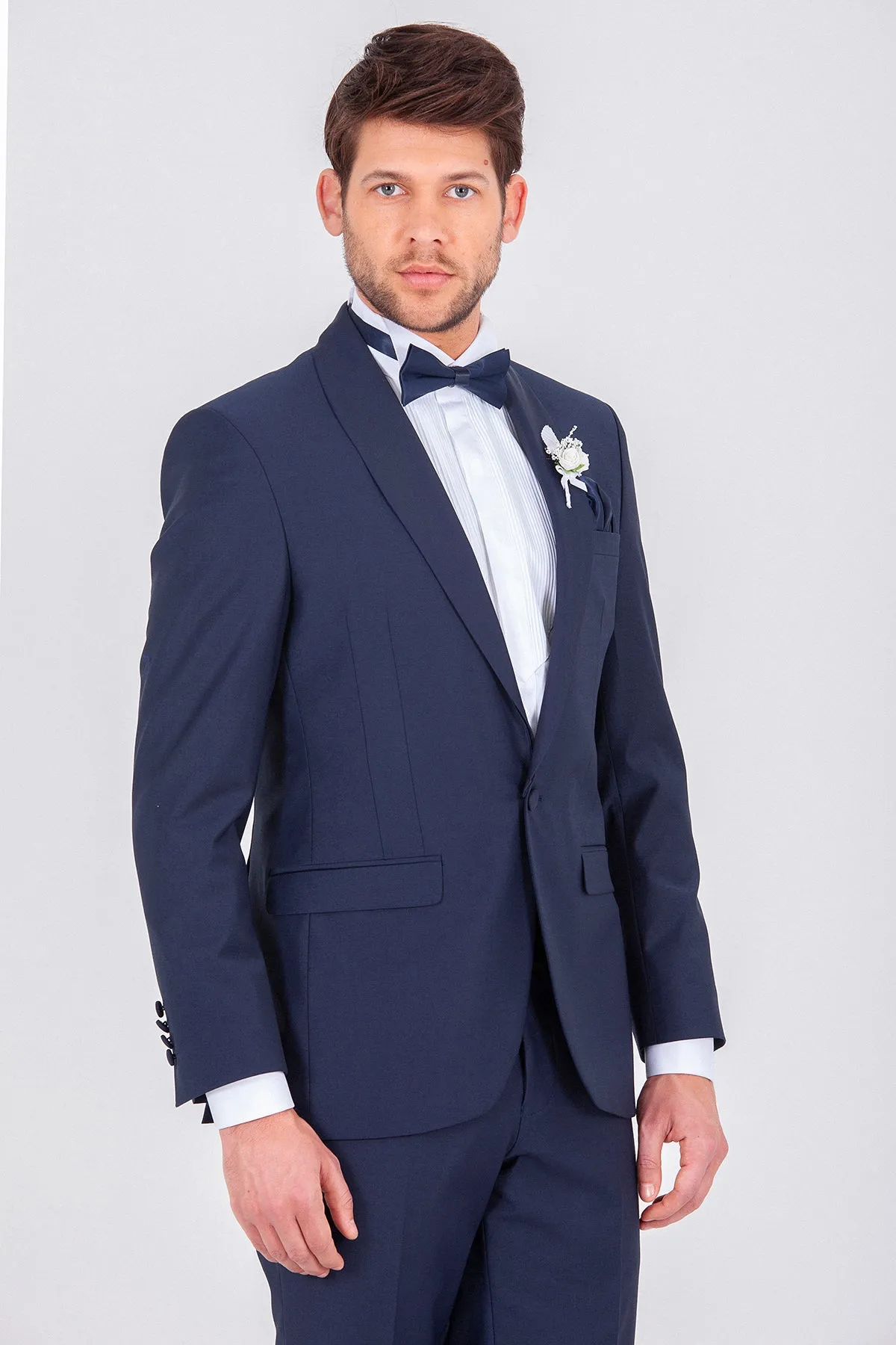 Slim Fit Release Shawl Lapel Plain Wool Blend Navy Classic Tuxedo, Navy