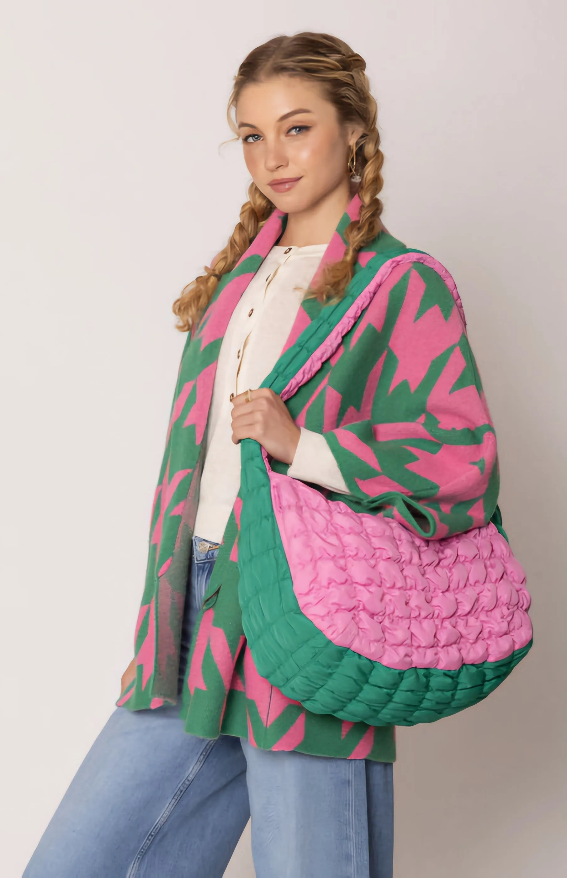 Sorority Houndstooth Knit Pink Green Cardigan