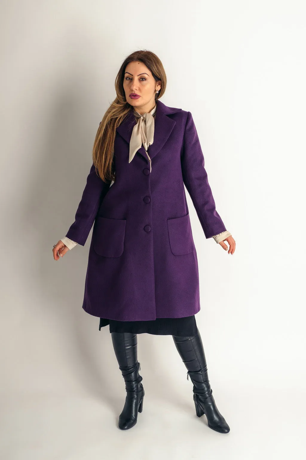 Spring Coat Light Wool Patch Pockets Coat In Deep Purple