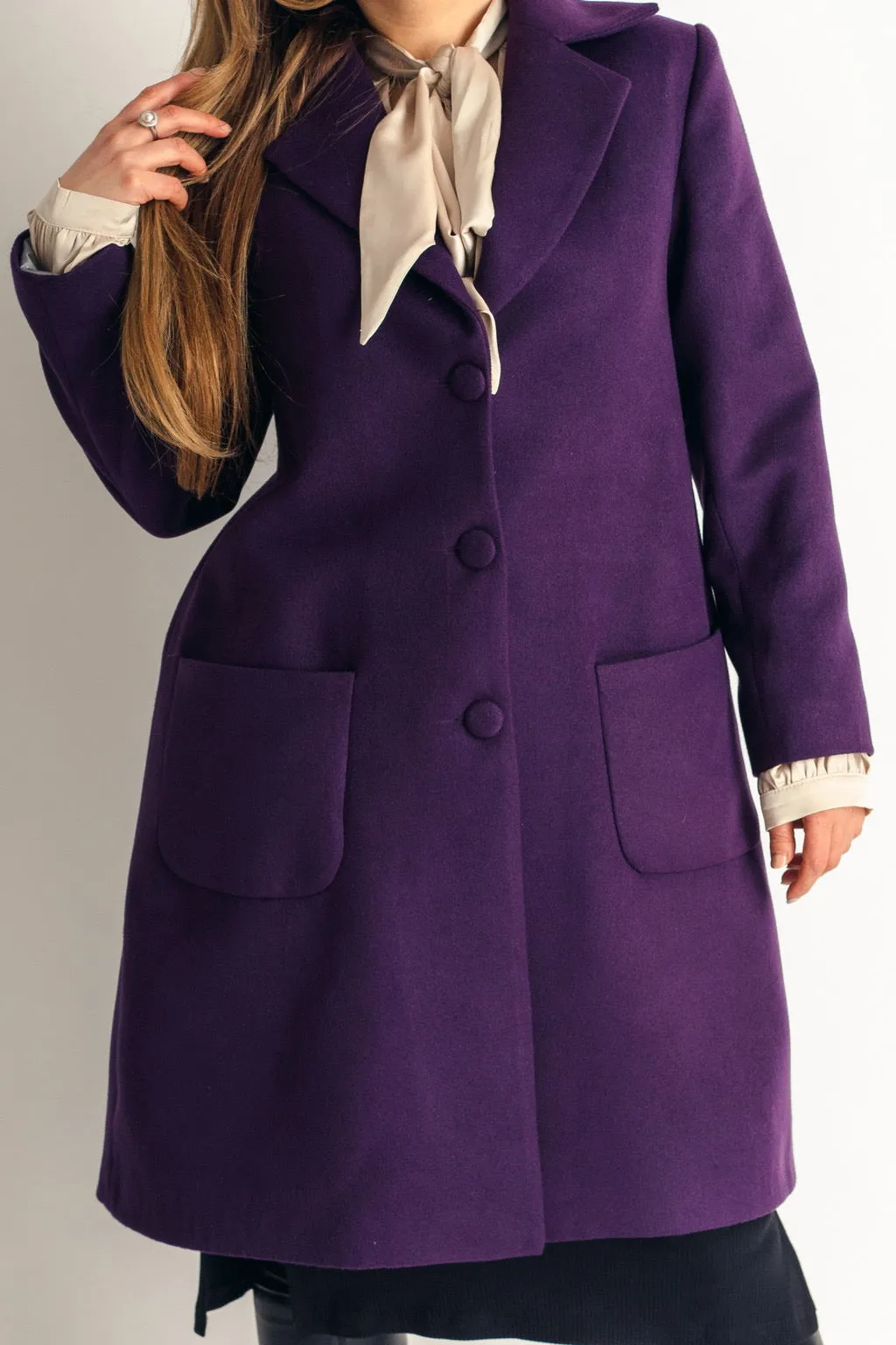 Spring Coat Light Wool Patch Pockets Coat In Deep Purple