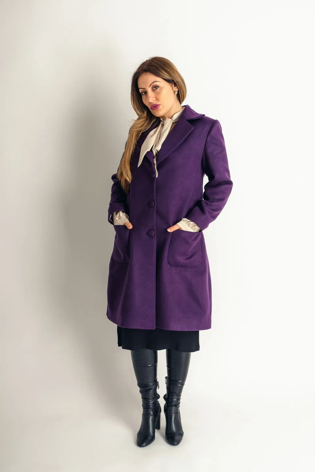 Spring Coat Light Wool Patch Pockets Coat In Deep Purple