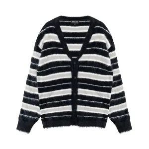 Stripe brushed cardigan black