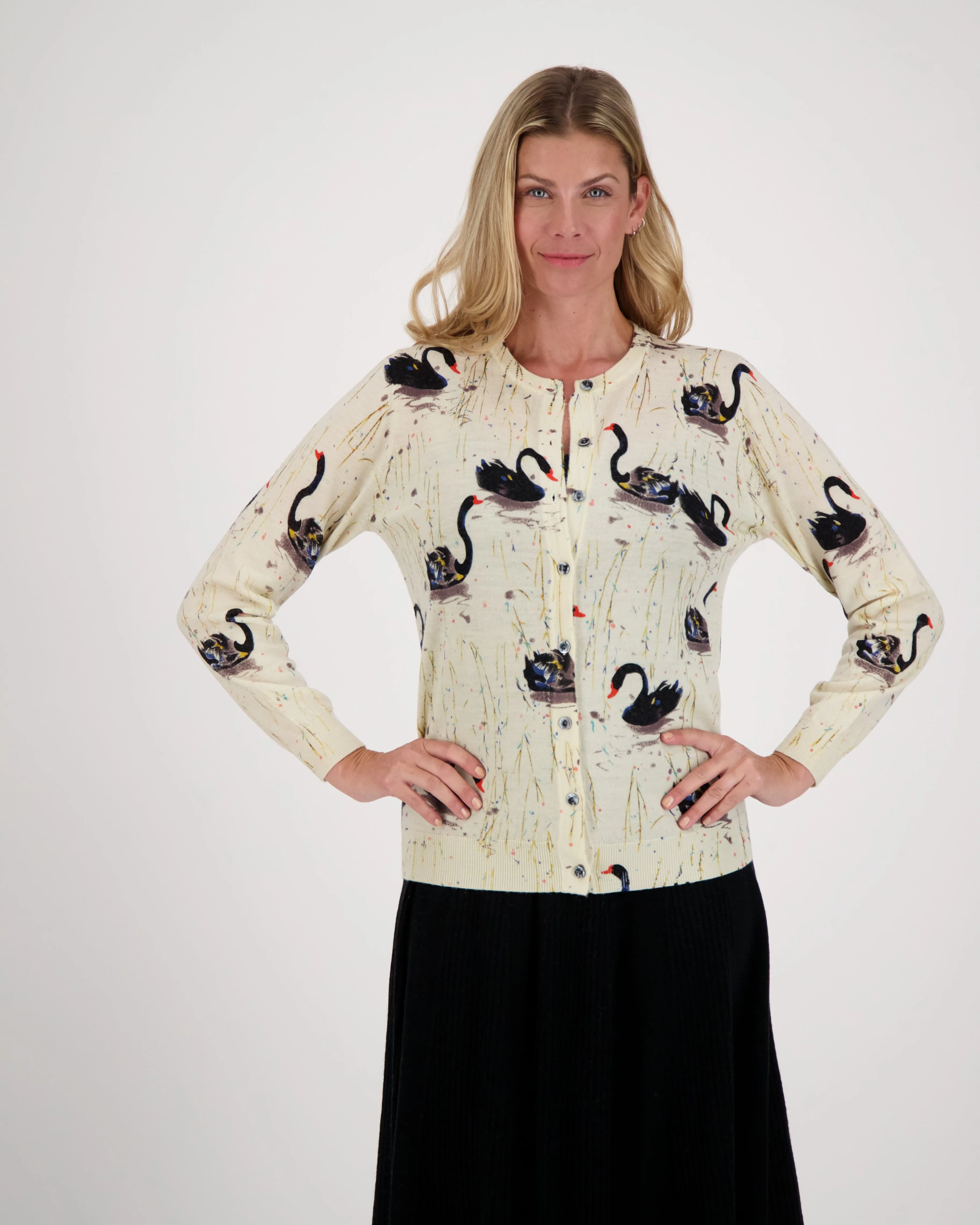 Swan Print Button Down Cardigan