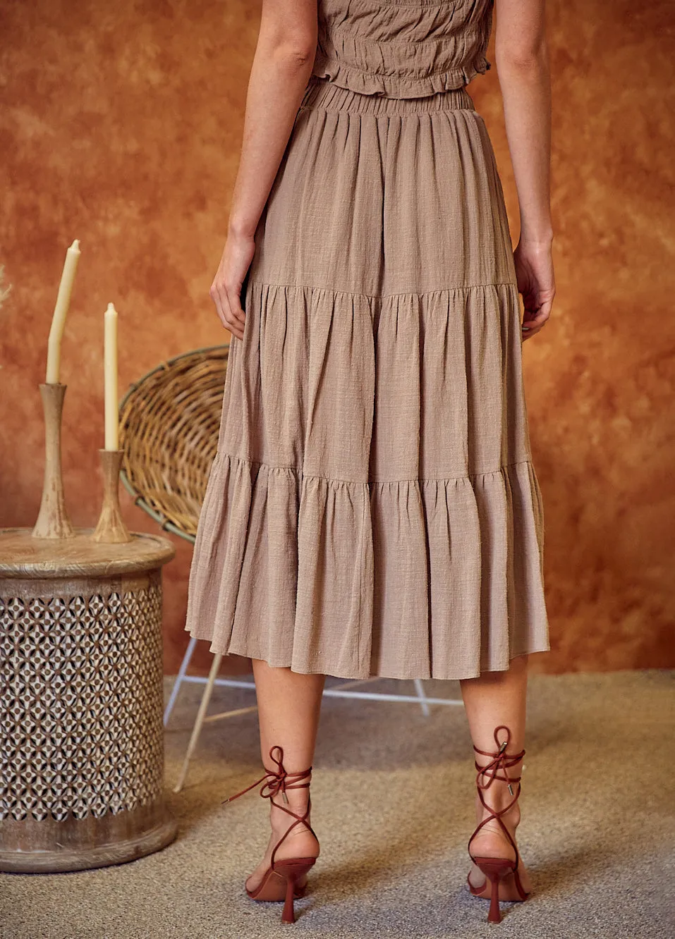 Tiered Latte Midi Skirt