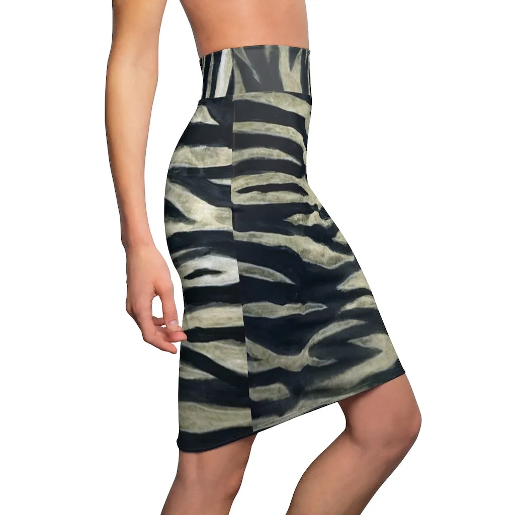 Tiger Striped Women's Pencil Skirt, Animal Print Black Best Luxury Mid-Waist Skirt-Made in USA