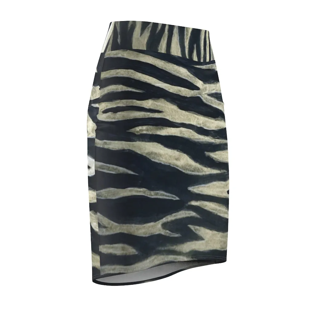 Tiger Striped Women's Pencil Skirt, Animal Print Black Best Luxury Mid-Waist Skirt-Made in USA