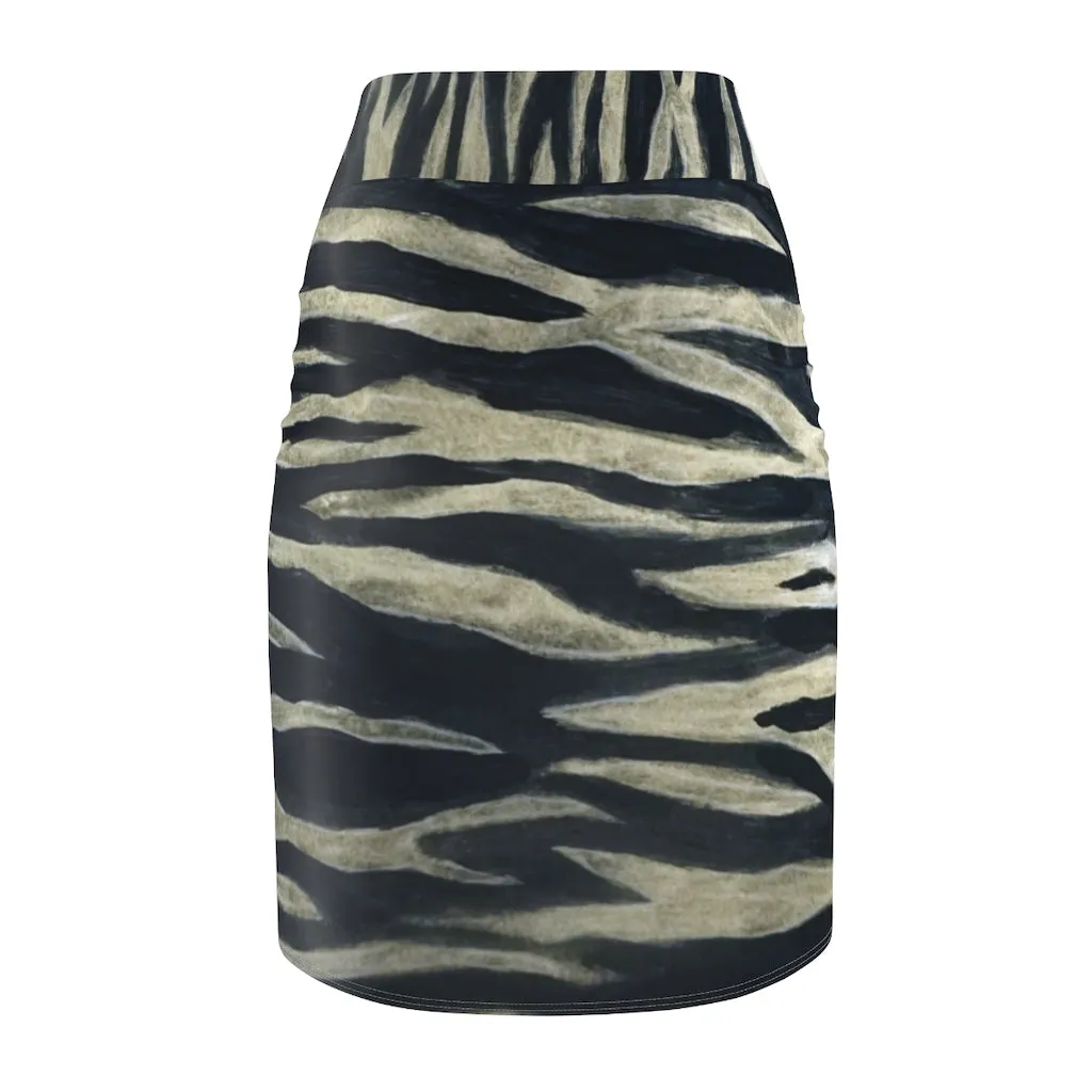 Tiger Striped Women's Pencil Skirt, Animal Print Black Best Luxury Mid-Waist Skirt-Made in USA