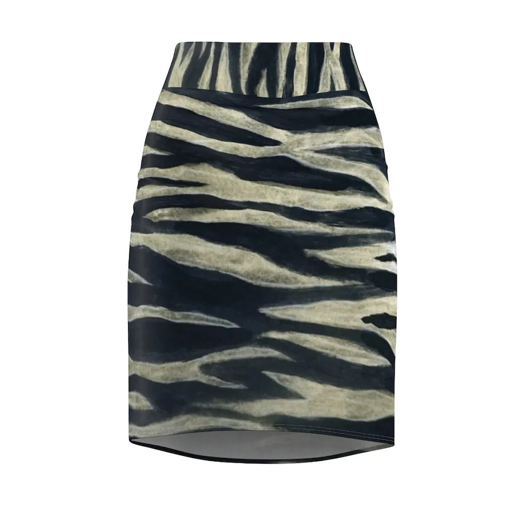 Tiger Striped Women's Pencil Skirt, Animal Print Black Best Luxury Mid-Waist Skirt-Made in USA