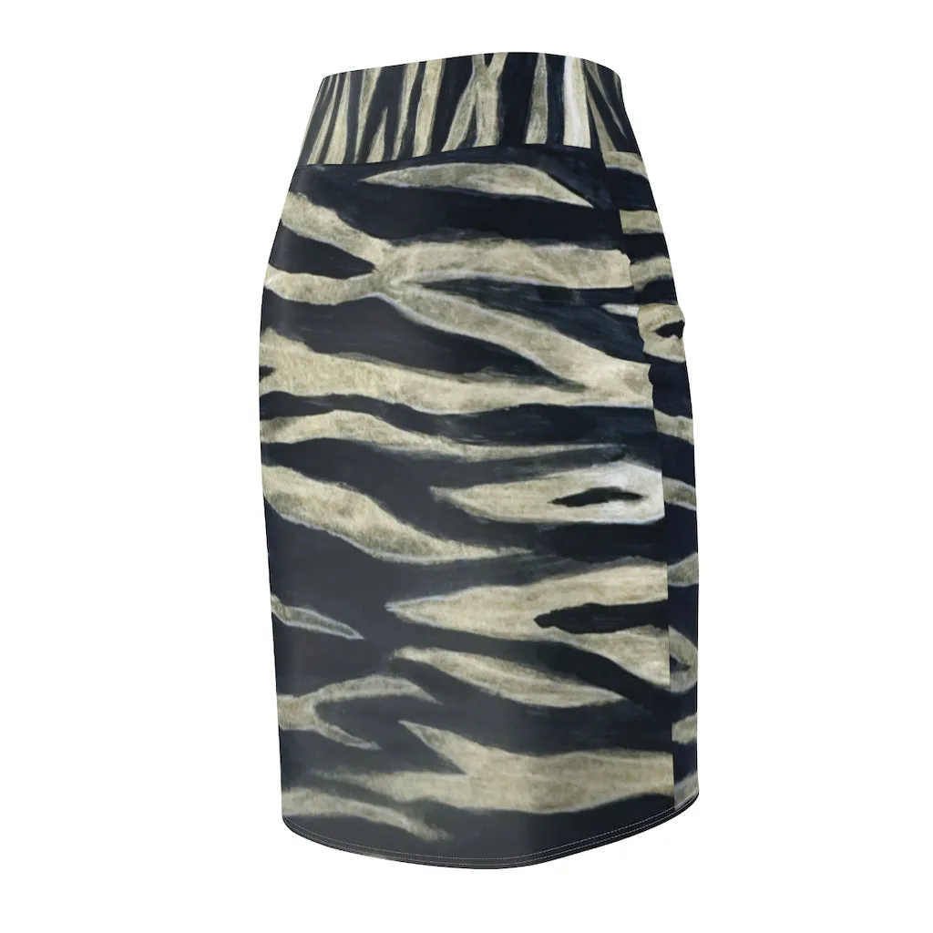 Tiger Striped Women's Pencil Skirt, Animal Print Black Best Luxury Mid-Waist Skirt-Made in USA