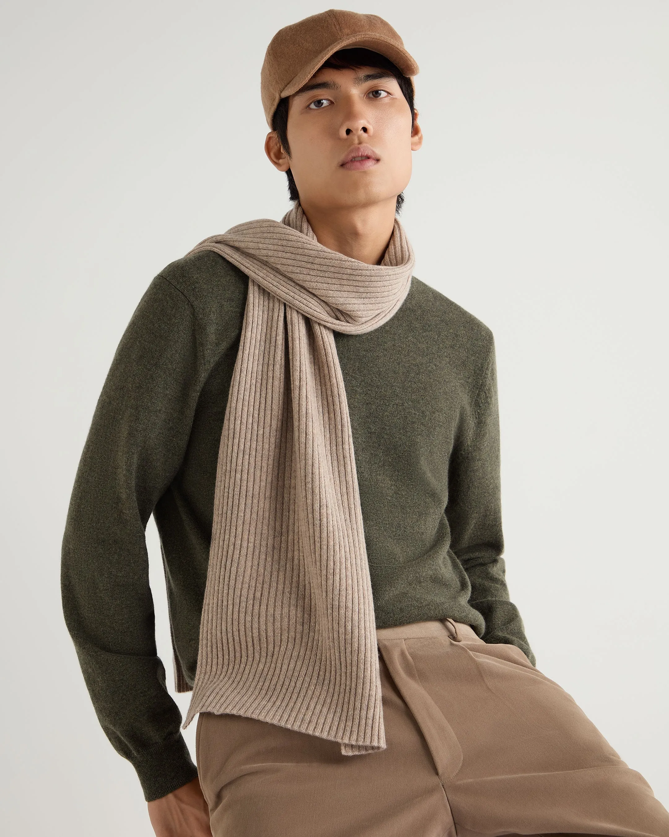 Unisex Short Ribbed Cashmere Scarf Oatmeal Brown