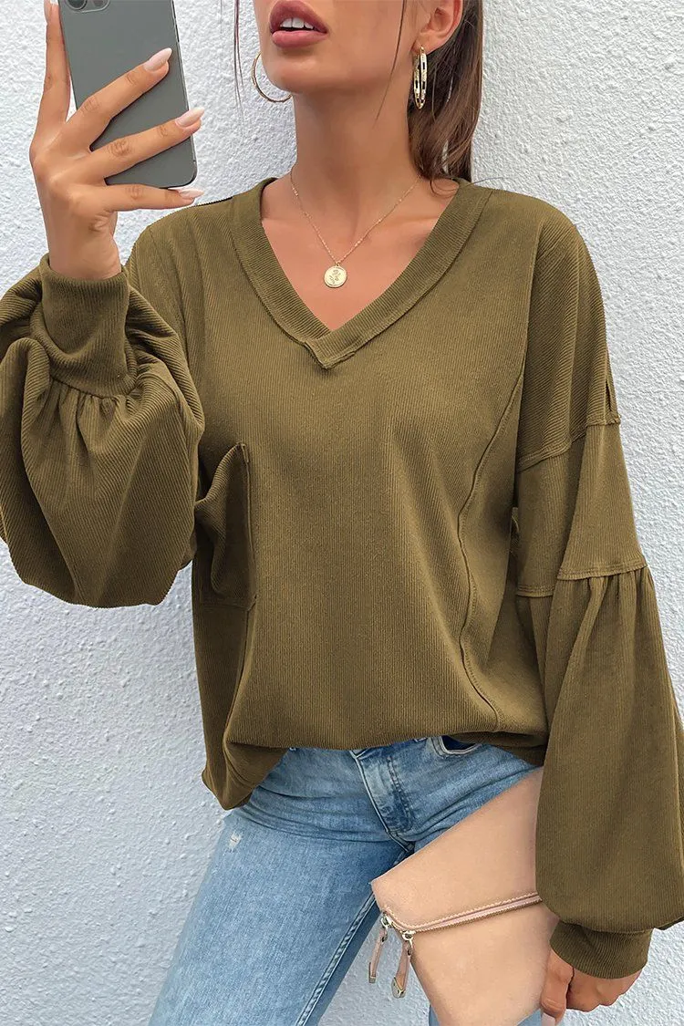 V Neck Tunic Loose Fit Side Slit Ribbed Knit Oversized Blouses