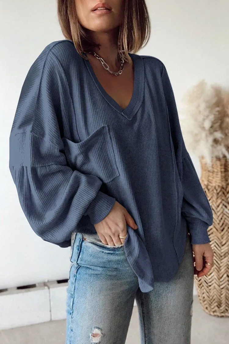 V Neck Tunic Loose Fit Side Slit Ribbed Knit Oversized Blouses