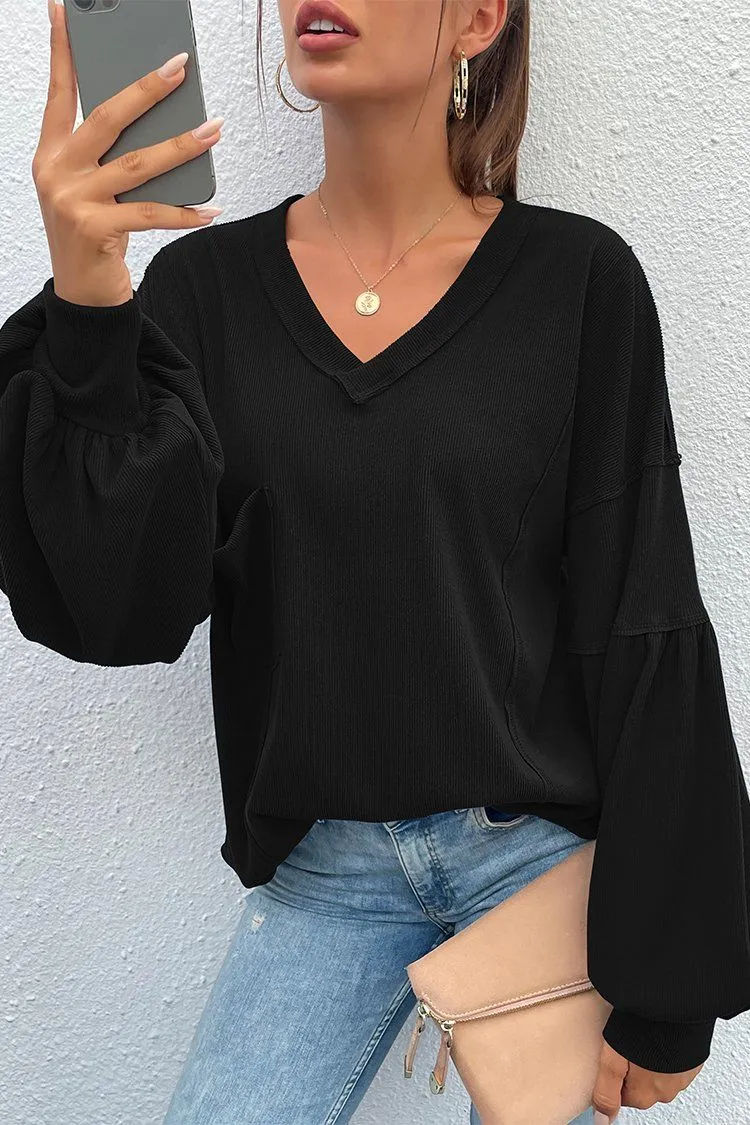 V Neck Tunic Loose Fit Side Slit Ribbed Knit Oversized Blouses