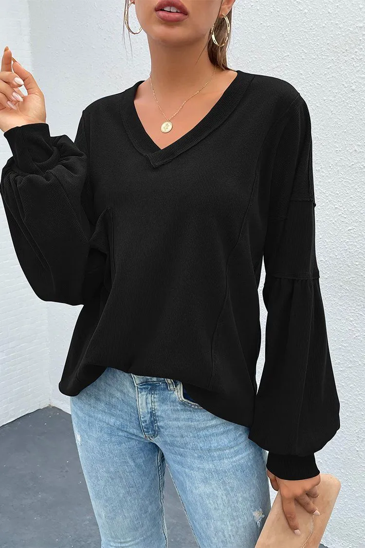 V Neck Tunic Loose Fit Side Slit Ribbed Knit Oversized Blouses