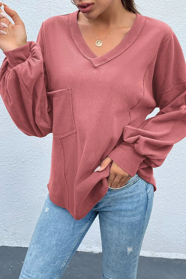 V Neck Tunic Loose Fit Side Slit Ribbed Knit Oversized Blouses