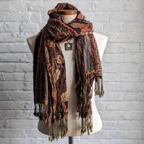 Vintage Floral Fringe 70s style Dark Boho Scarf Rust Red Fall Grunge Fairy Wrap