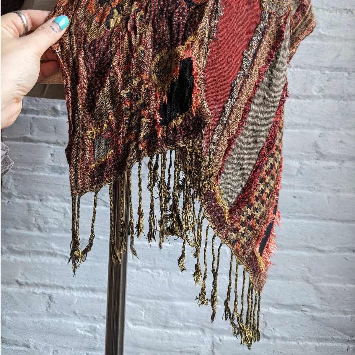 Vintage Floral Fringe 70s style Dark Boho Scarf Rust Red Fall Grunge Fairy Wrap