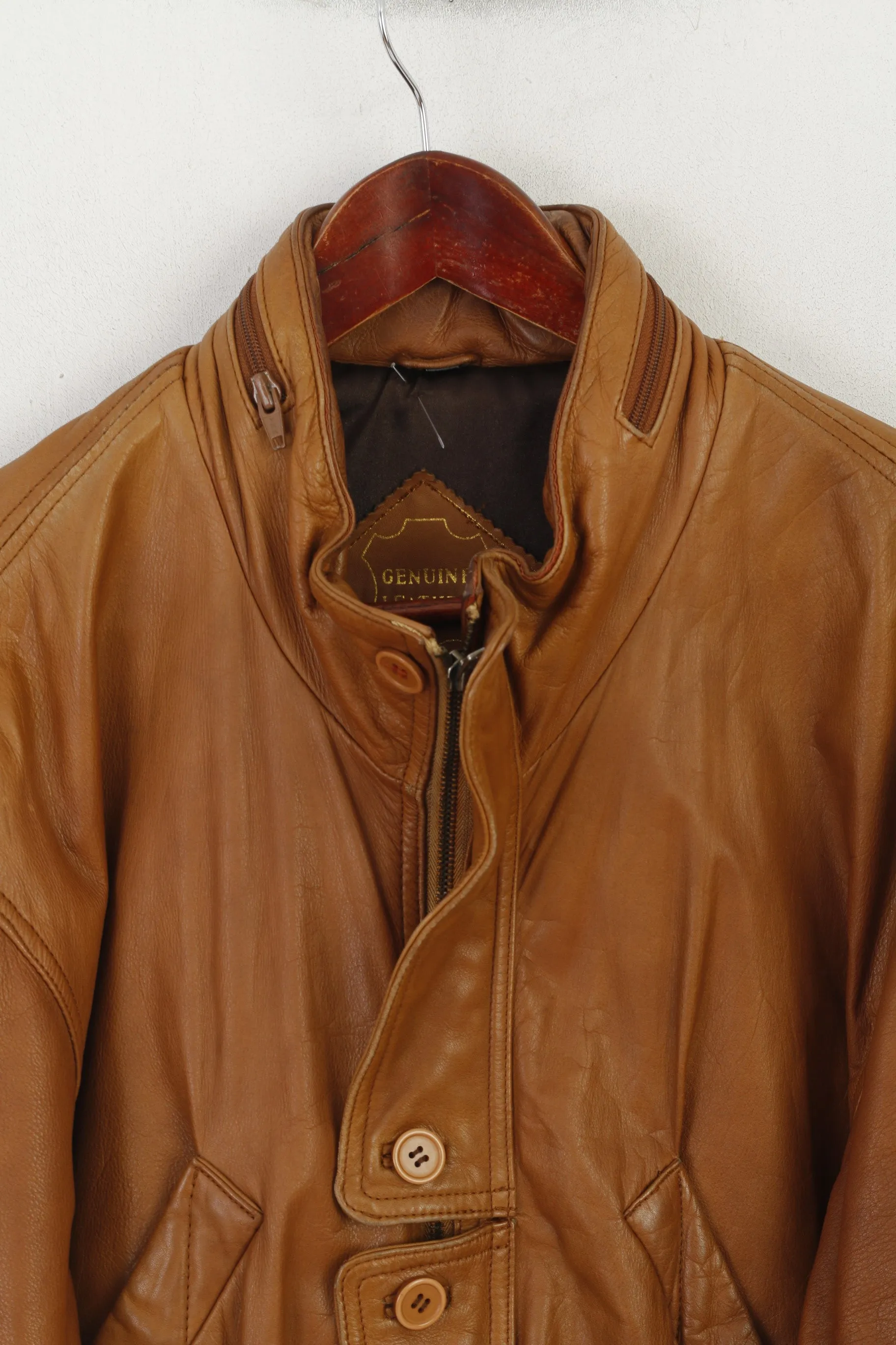 Vintage Men 38 48 M Long Jacket Camel Zip Up Leather Parka Hidden Hood Top