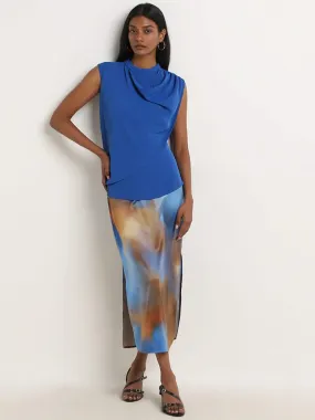 Wardrobe Blue Tie-Dye High Rise Skirt with Slit