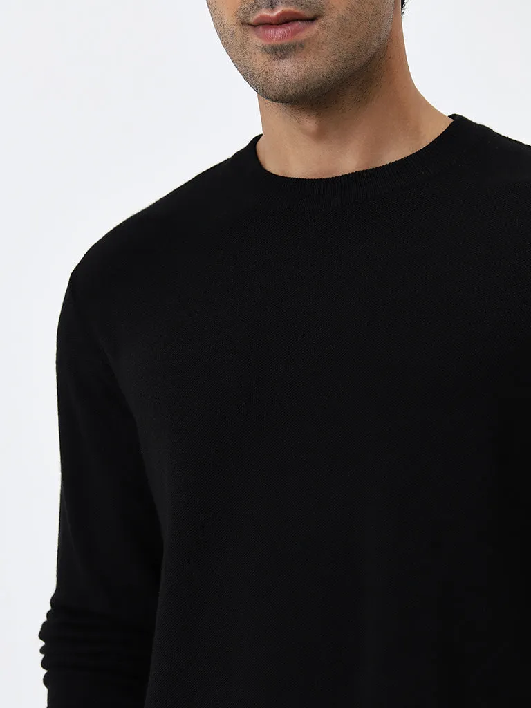 WES Formals Black Textured Slim Fit Sweater