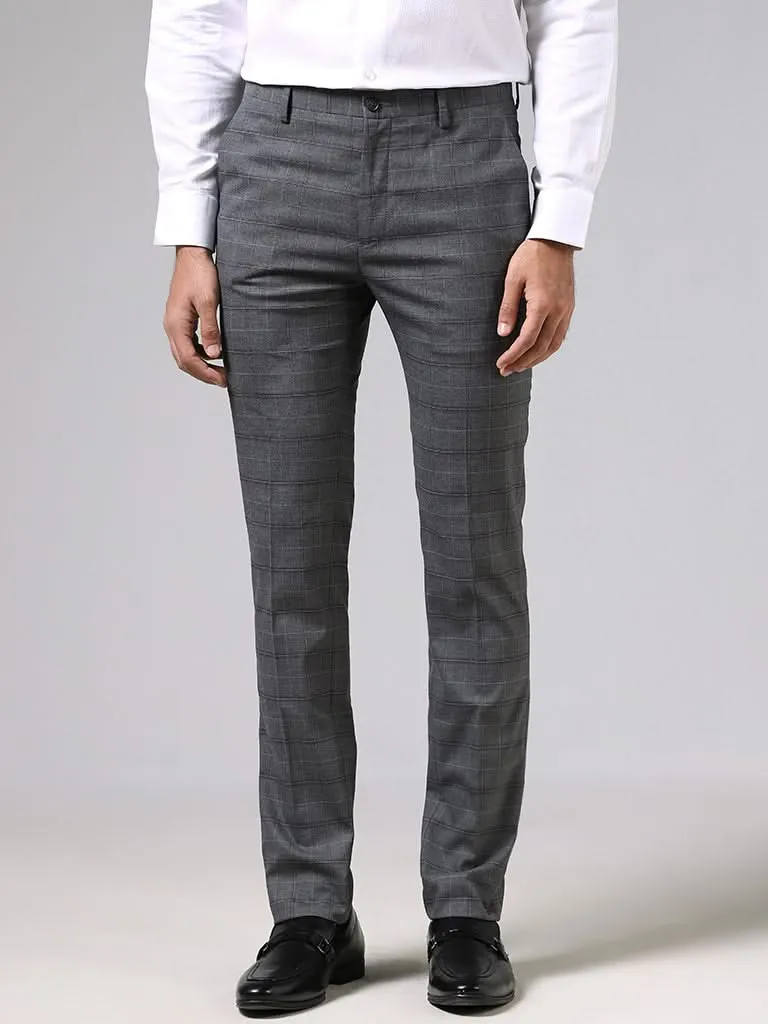 WES Formals Charcoal Grey Checked Ultra Slim-Fit Mid-Rise Trousers