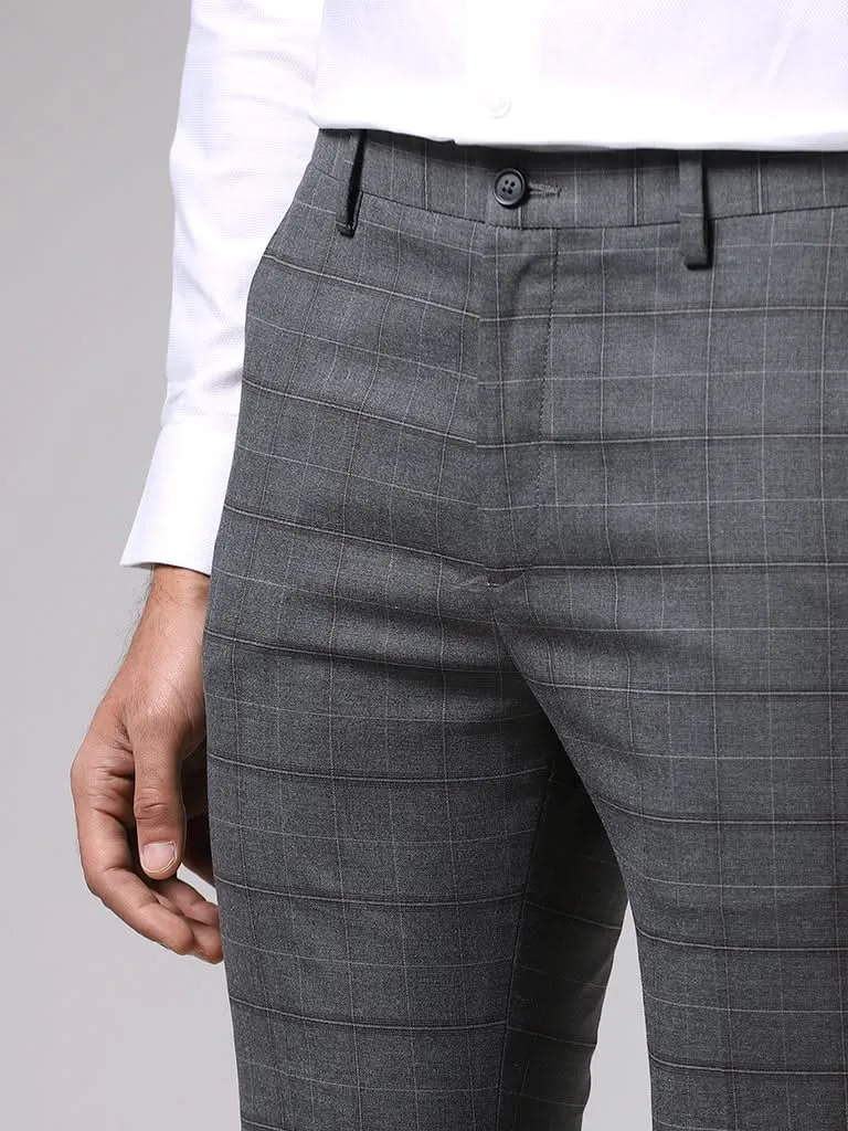 WES Formals Charcoal Grey Checked Ultra Slim-Fit Mid-Rise Trousers