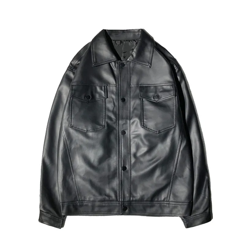 Wiaofellas leather jacket Motorcycle Leather Coat Men's Fashion Hong Kong Style Ins Breasted Jacket Casual Loose Design Cardigan Jacket