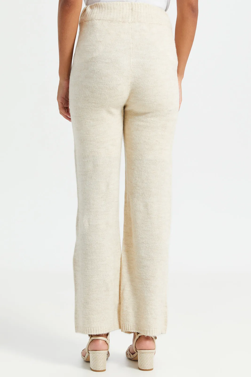 Women Beige Knitted Wide Leg With Elastic Waistband Trouser