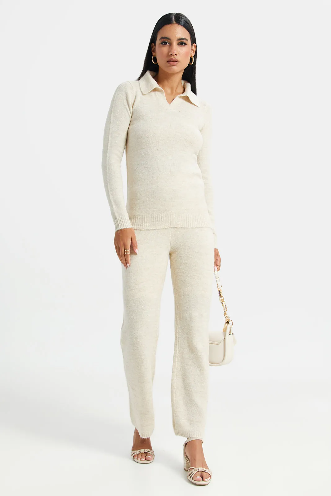 Women Beige Knitted Wide Leg With Elastic Waistband Trouser