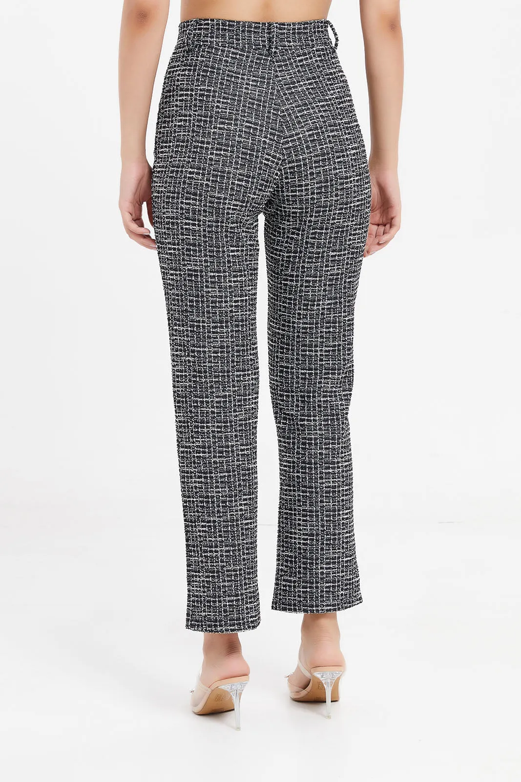 Women Black And White Textured Straight Leg Trousers