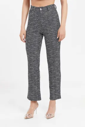 Women Black And White Textured Straight Leg Trousers