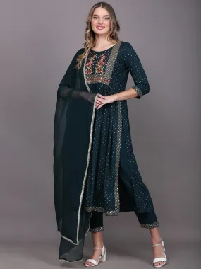 Women Blue Ethnic Motifs Embroidered Pleated Kurta With Trousers & With Dupatta