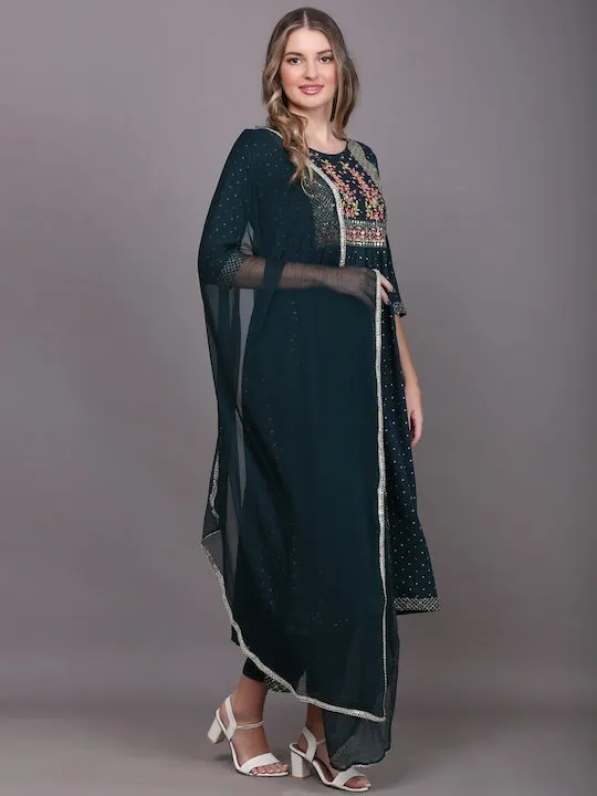 Women Blue Ethnic Motifs Embroidered Pleated Kurta With Trousers & With Dupatta