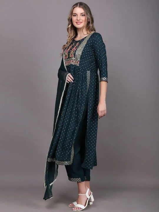 Women Blue Ethnic Motifs Embroidered Pleated Kurta With Trousers & With Dupatta