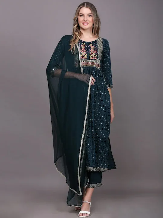 Women Blue Ethnic Motifs Embroidered Pleated Kurta With Trousers & With Dupatta